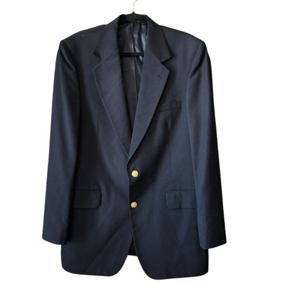 Nordstrom Blazer Mens 42L Navy Blue Gold 2-Button 100% Wool Jacket USA Made